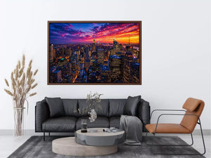 city skyline sunset Canvas Print, urban skyline night lights canvas, modern cityscape artwork, new york skyline evening art