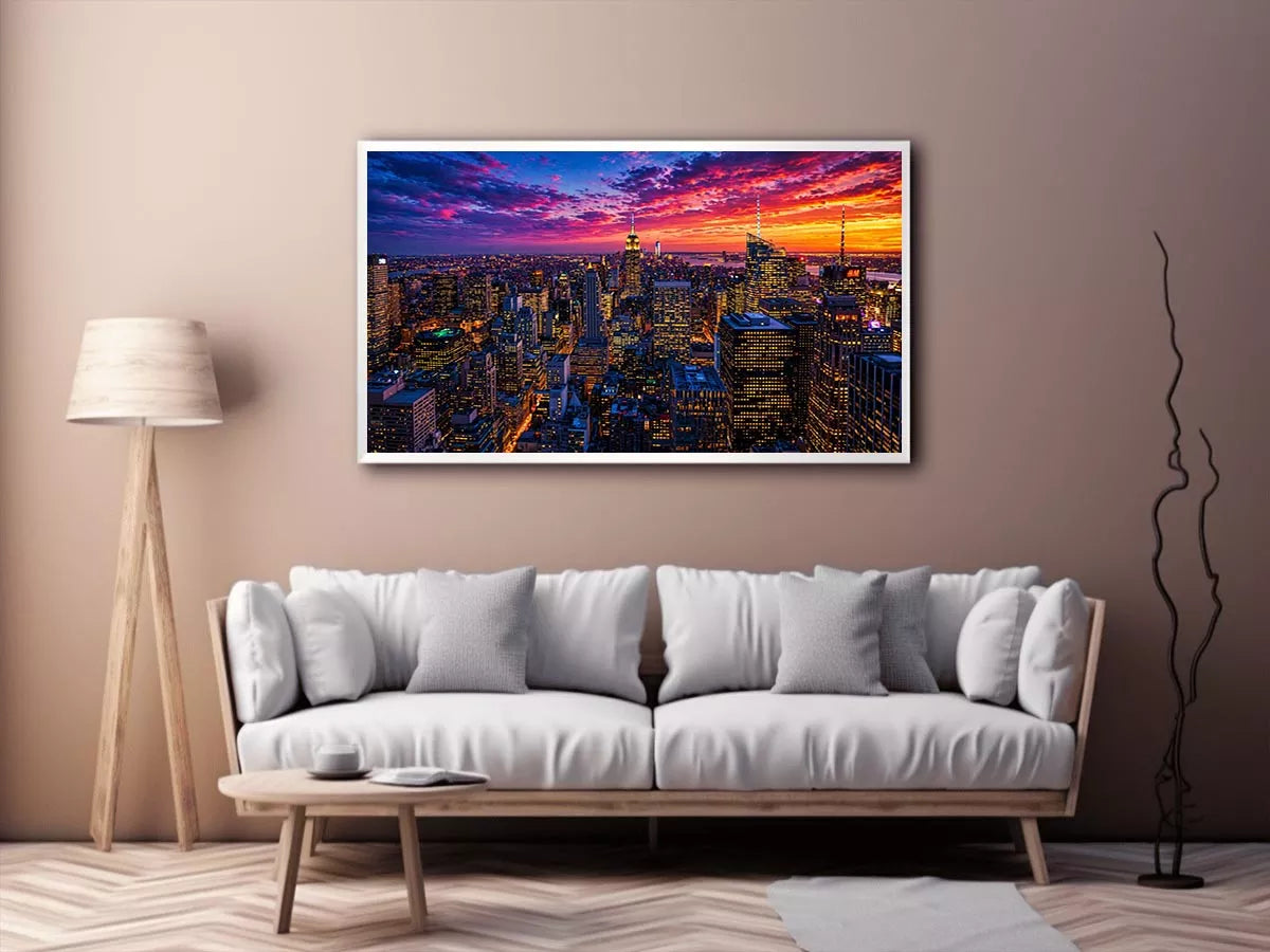 city skyline sunset Canvas Print, urban skyline night lights canvas, modern cityscape artwork, new york skyline evening art