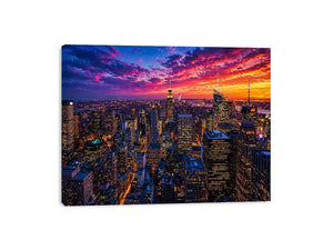 city skyline sunset Canvas Print, urban skyline night lights canvas, modern cityscape artwork, new york skyline evening art