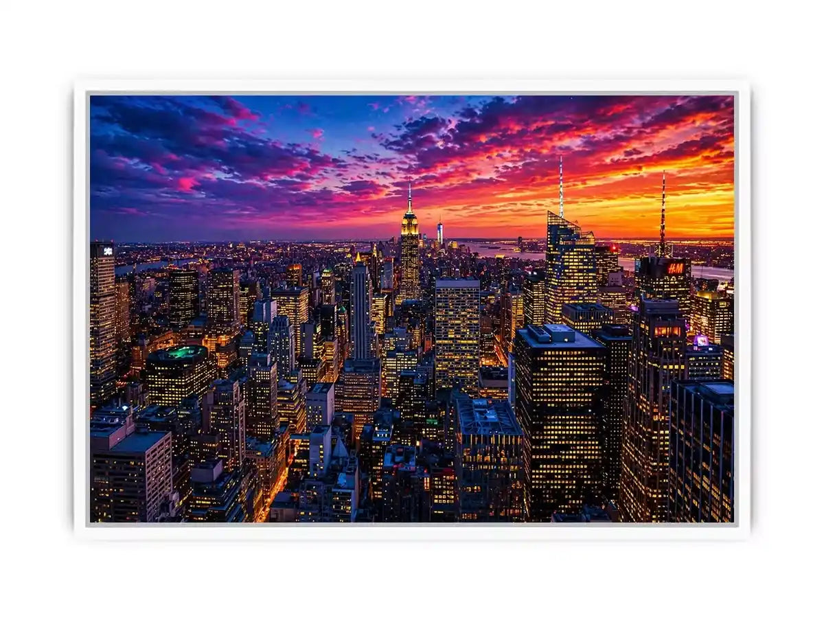 city skyline sunset Canvas Print, urban skyline night lights canvas, modern cityscape artwork, new york skyline evening art
