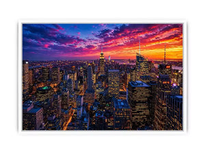 city skyline sunset Canvas Print, urban skyline night lights canvas, modern cityscape artwork, new york skyline evening art