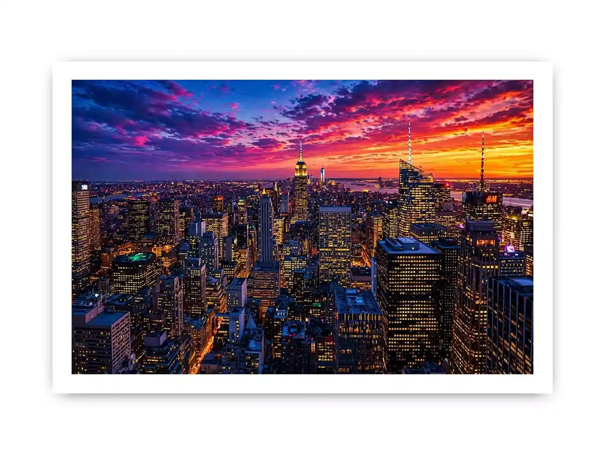 city skyline sunset Canvas Print, urban skyline night lights canvas, modern cityscape artwork, new york skyline evening art