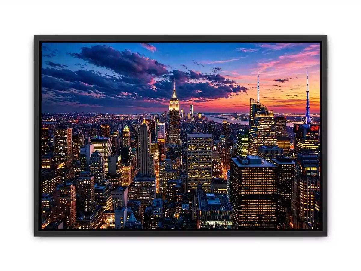 city skyline sunset Canvas Print, urban skyline twilight canvas, modern cityscape evening artwork, skyline lights wall decor
