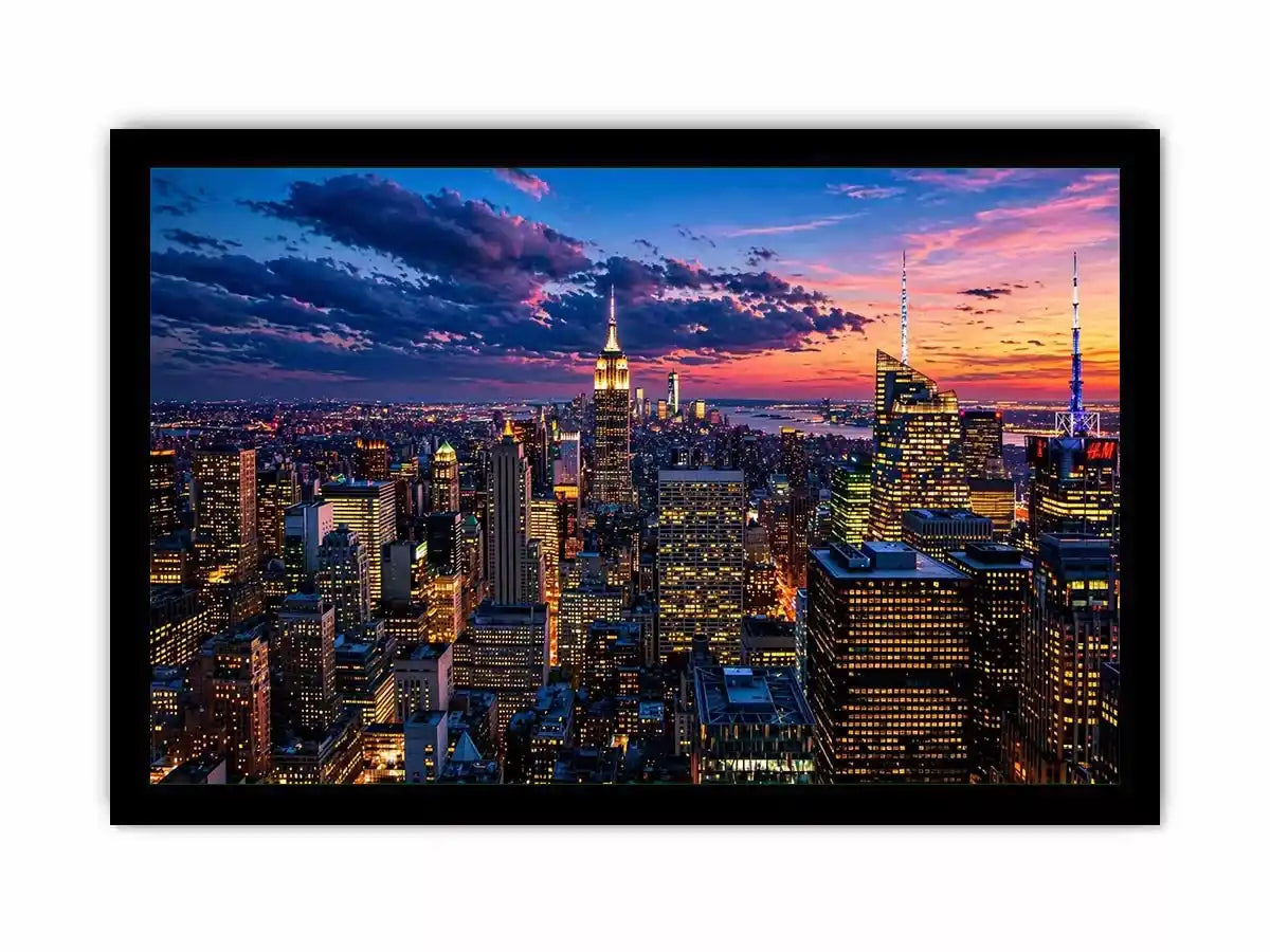city skyline sunset Canvas Print, urban skyline twilight canvas, modern cityscape evening artwork, skyline lights wall decor