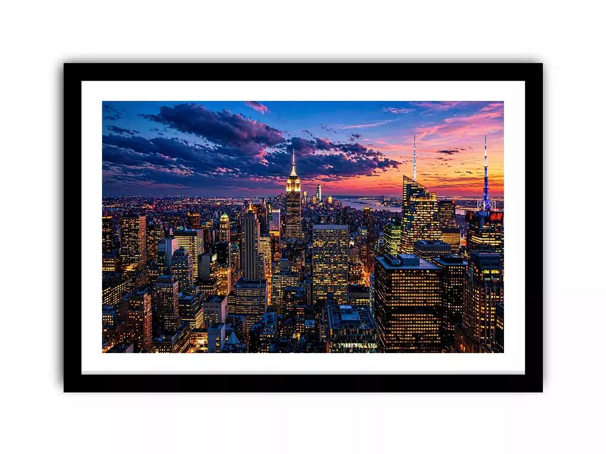 city skyline sunset Canvas Print, urban skyline twilight canvas, modern cityscape evening artwork, skyline lights wall decor