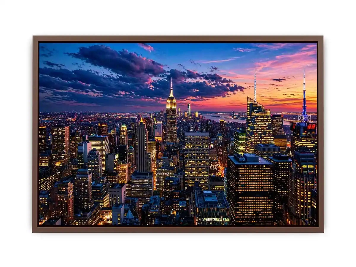 city skyline sunset Canvas Print, urban skyline twilight canvas, modern cityscape evening artwork, skyline lights wall decor