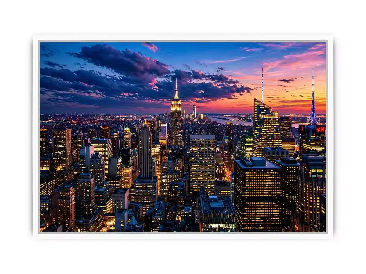 city skyline sunset Canvas Print, urban skyline twilight canvas, modern cityscape evening artwork, skyline lights wall decor