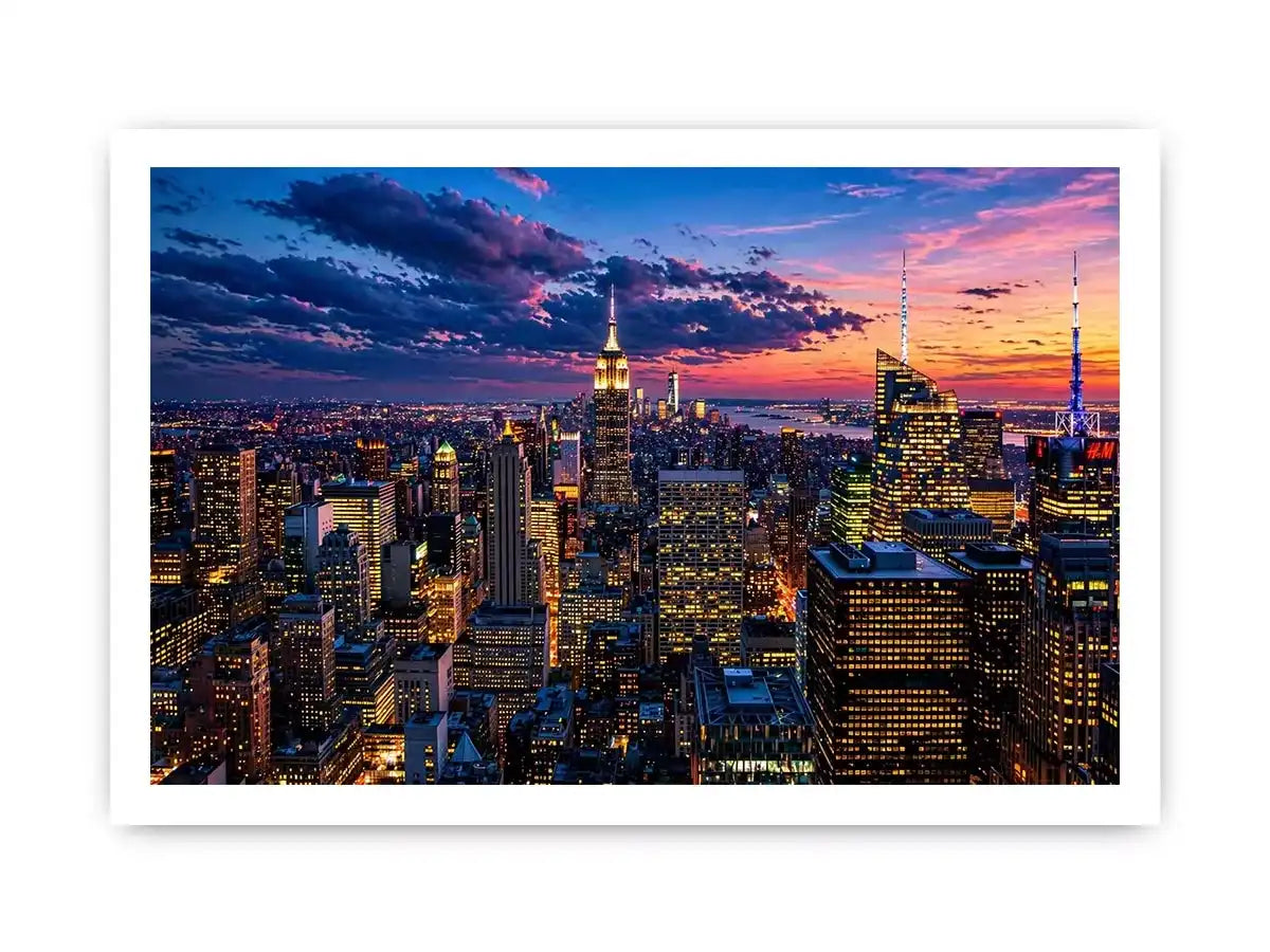 city skyline sunset Canvas Print, urban skyline twilight canvas, modern cityscape evening artwork, skyline lights wall decor