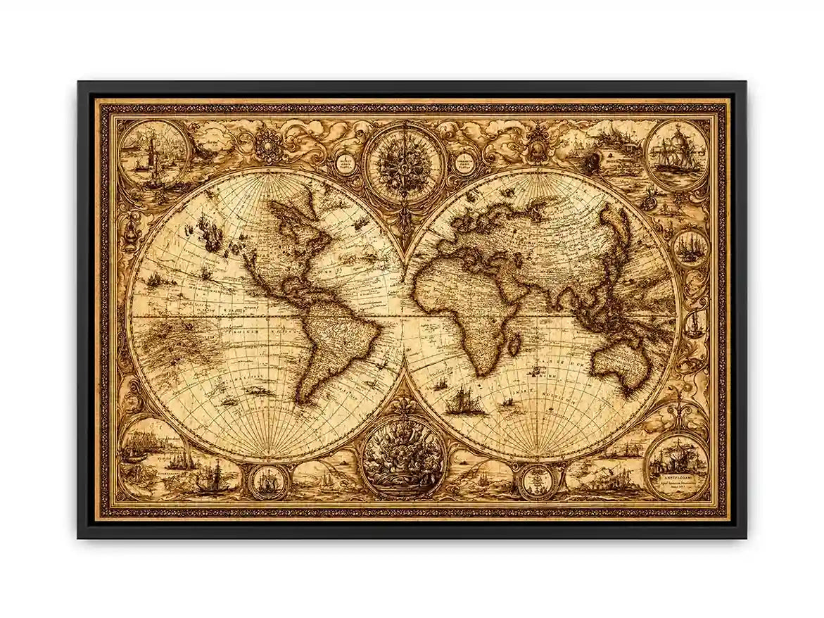 vintage antique world map canvas Canvas Print sepia old map detailed global decor