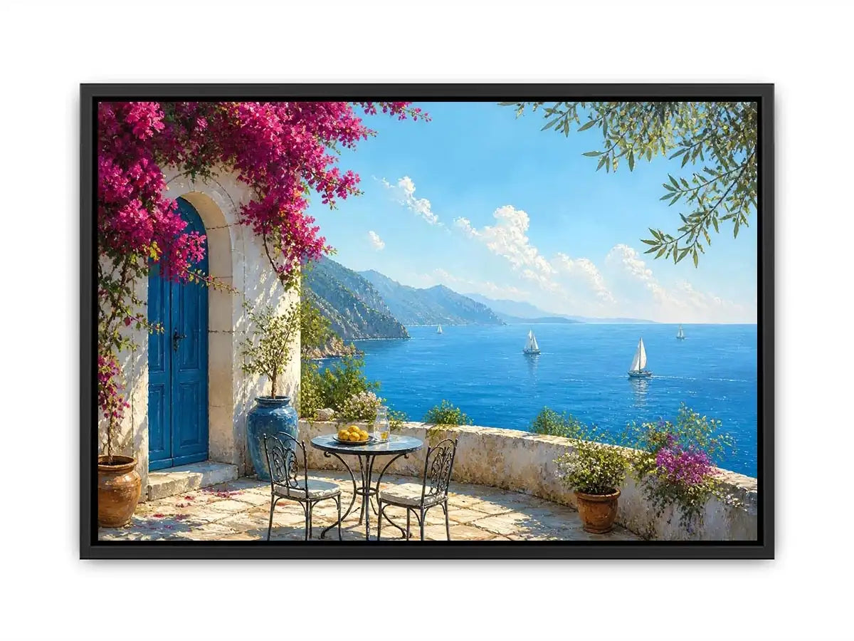 mediterranean coastal terrace Canvas Print with blue sea sailboats flowers and white architecture luxury Canvas Print