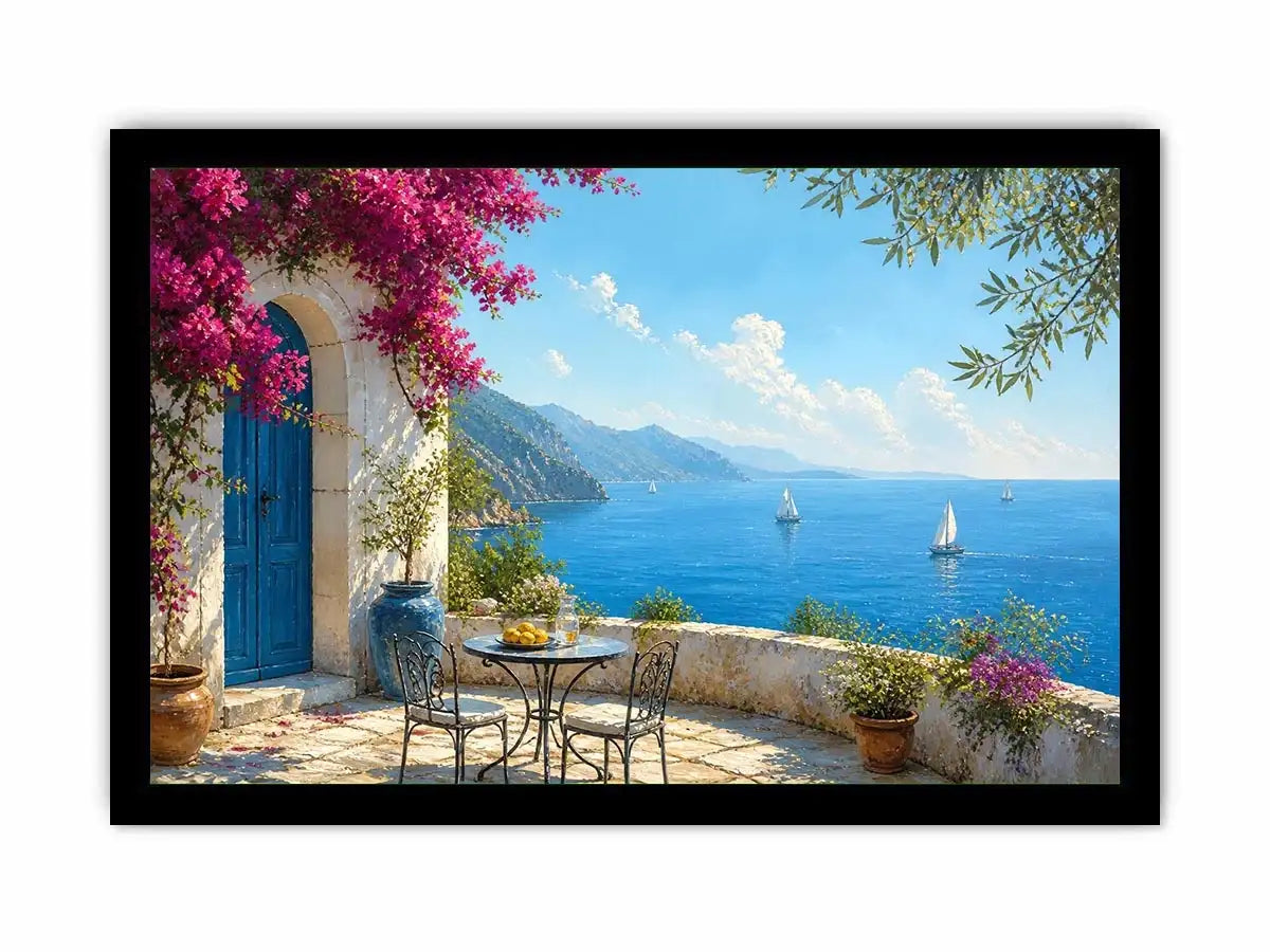 mediterranean coastal terrace Canvas Print with blue sea sailboats flowers and white architecture luxury Canvas Print