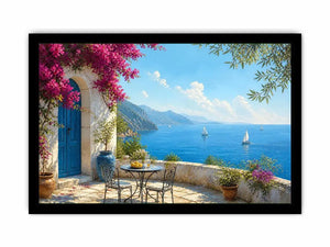 mediterranean coastal terrace Canvas Print with blue sea sailboats flowers and white architecture luxury Canvas Print