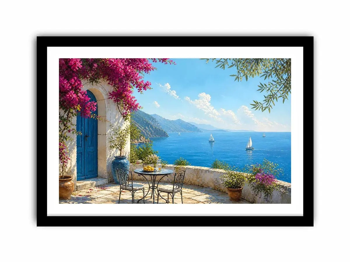 mediterranean coastal terrace Canvas Print with blue sea sailboats flowers and white architecture luxury Canvas Print