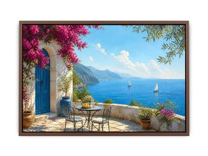 mediterranean coastal terrace Canvas Print with blue sea sailboats flowers and white architecture luxury Canvas Print