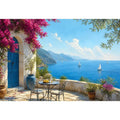 mediterranean coastal terrace Canvas Print with blue sea sailboats flowers and white architecture luxury Canvas Print