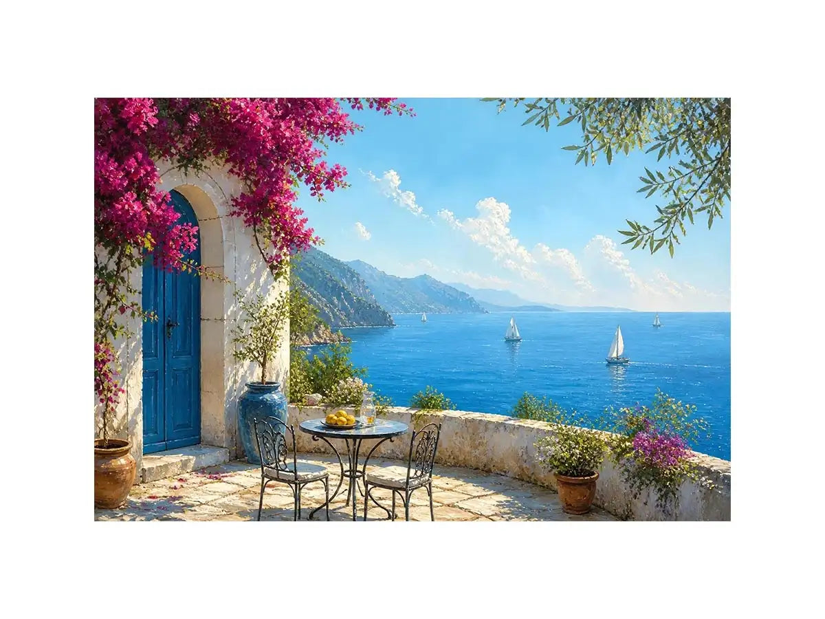mediterranean coastal terrace Canvas Print with blue sea sailboats flowers and white architecture luxury Canvas Print