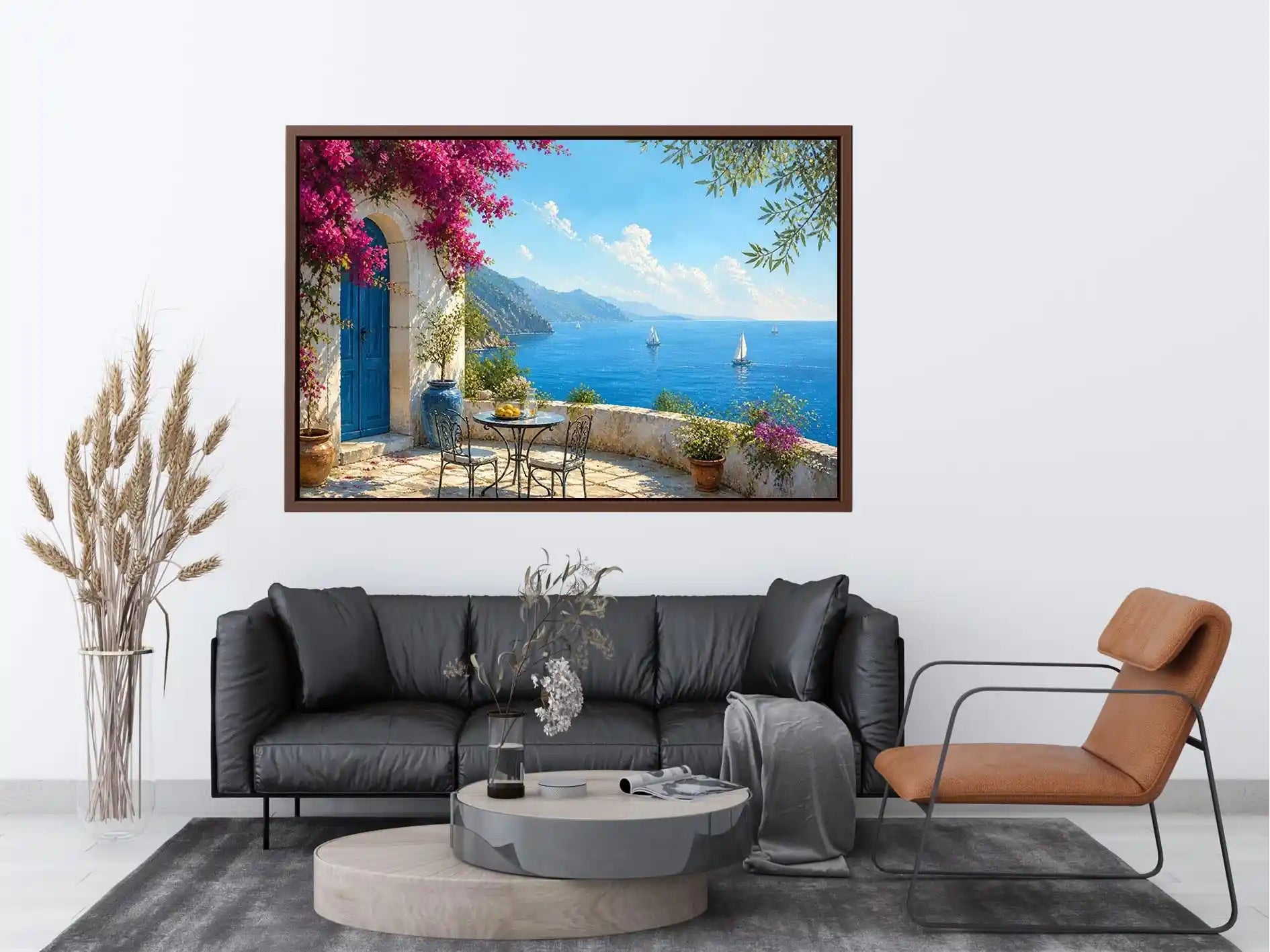 mediterranean coastal terrace Canvas Print with blue sea sailboats flowers and white architecture luxury Canvas Print