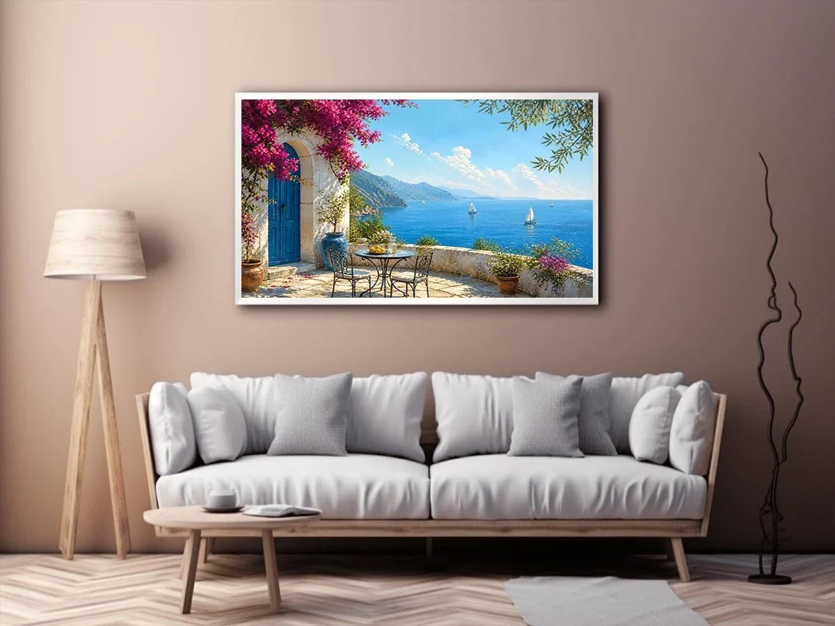 mediterranean coastal terrace Canvas Print with blue sea sailboats flowers and white architecture luxury Canvas Print