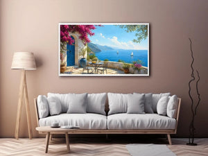 mediterranean coastal terrace Canvas Print with blue sea sailboats flowers and white architecture luxury Canvas Print