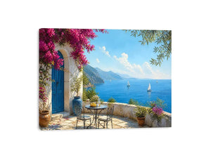 mediterranean coastal terrace Canvas Print with blue sea sailboats flowers and white architecture luxury Canvas Print