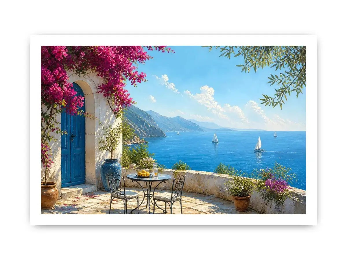 mediterranean coastal terrace Canvas Print with blue sea sailboats flowers and white architecture luxury Canvas Print