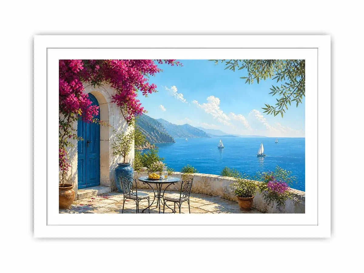 mediterranean coastal terrace Canvas Print with blue sea sailboats flowers and white architecture luxury Canvas Print