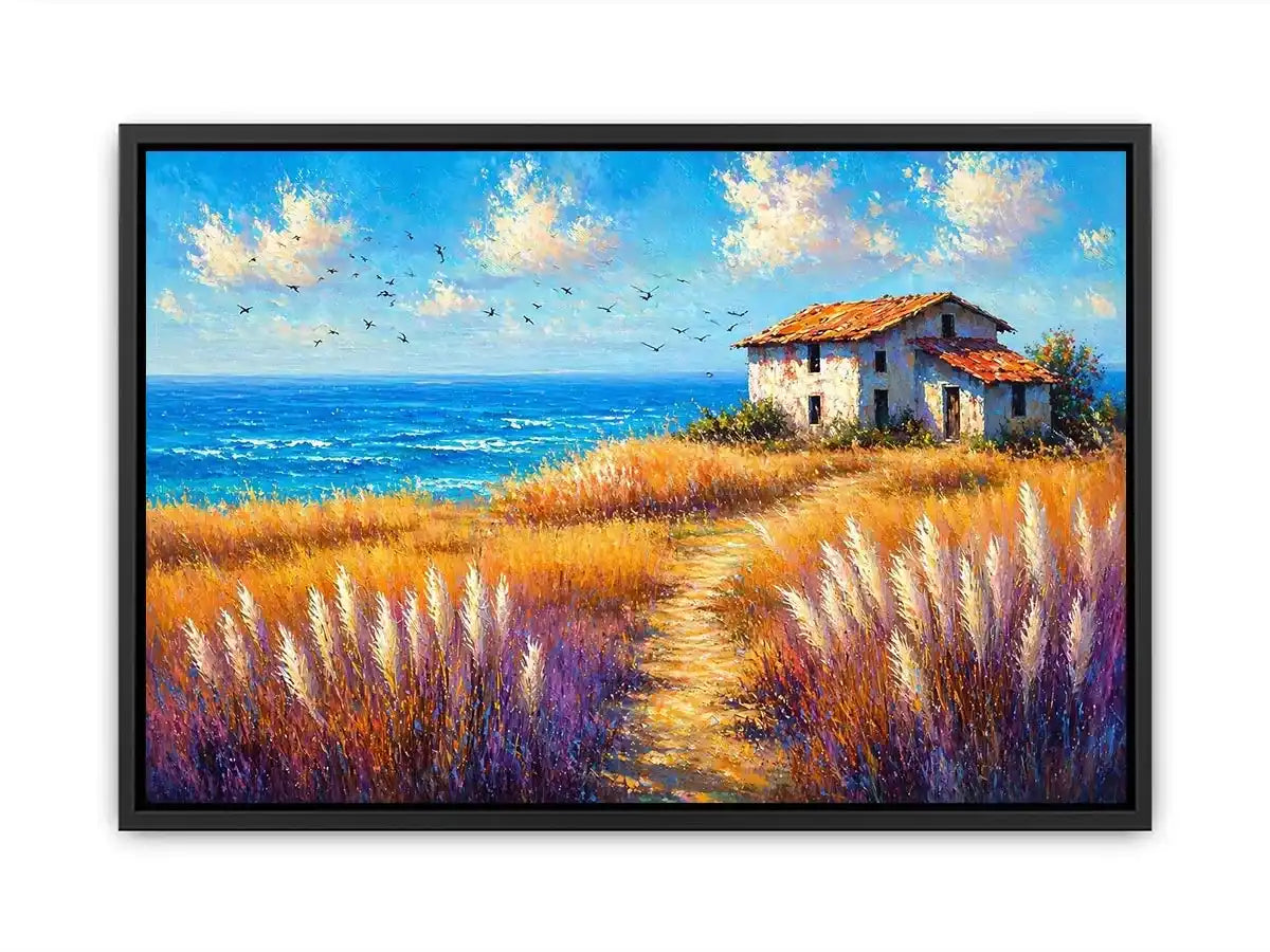 coastal cottage landscape painting ocean field vibrant Canvas Print canvas modern impressionist