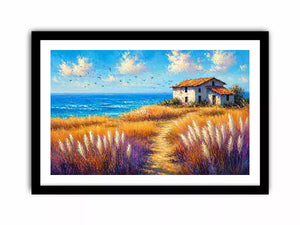 coastal cottage landscape painting ocean field vibrant Canvas Print canvas modern impressionist