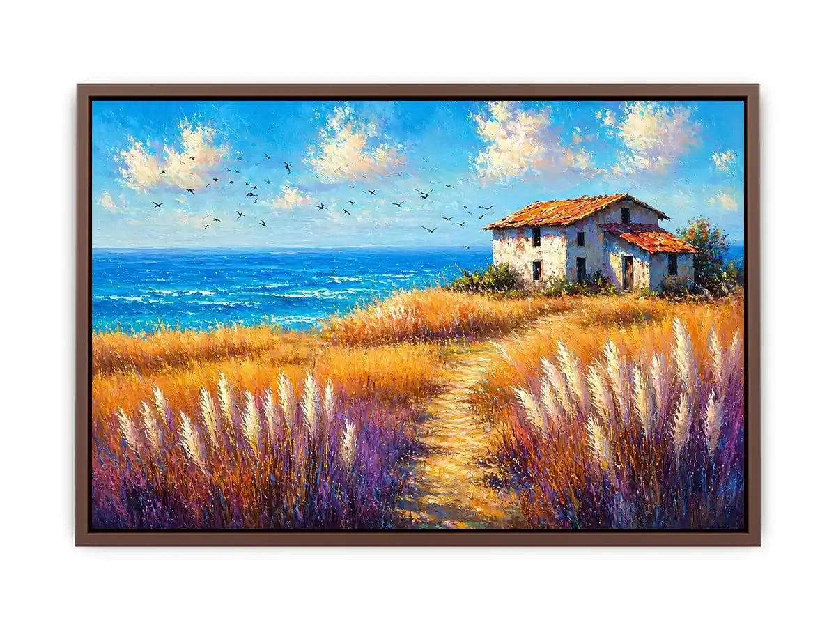 coastal cottage landscape painting ocean field vibrant Canvas Print canvas modern impressionist