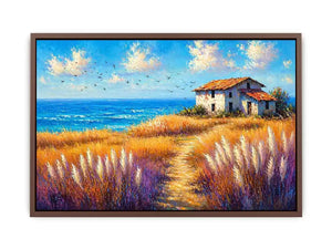 coastal cottage landscape painting ocean field vibrant Canvas Print canvas modern impressionist