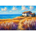 coastal cottage landscape painting ocean field vibrant Canvas Print canvas modern impressionist