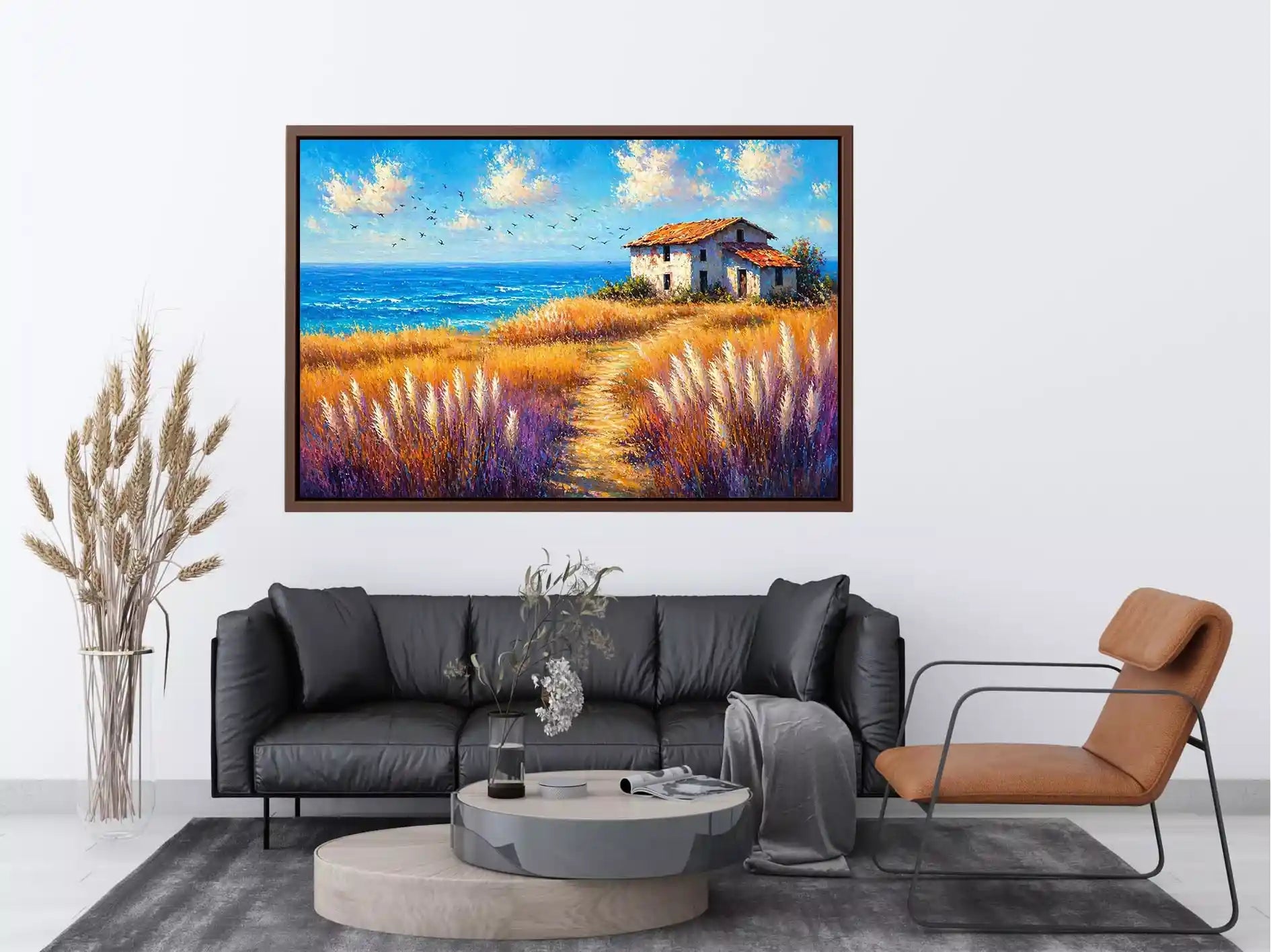 coastal cottage landscape painting ocean field vibrant Canvas Print canvas modern impressionist