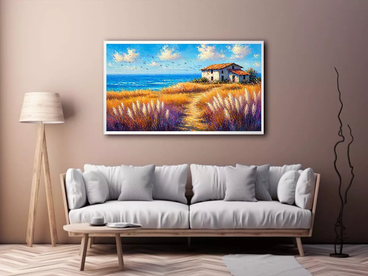 coastal cottage landscape painting ocean field vibrant Canvas Print canvas modern impressionist