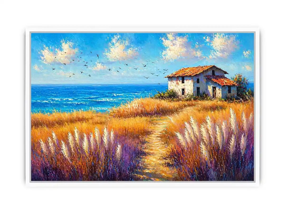 coastal cottage landscape painting ocean field vibrant Canvas Print canvas modern impressionist