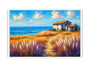 coastal cottage landscape painting ocean field vibrant Canvas Print canvas modern impressionist