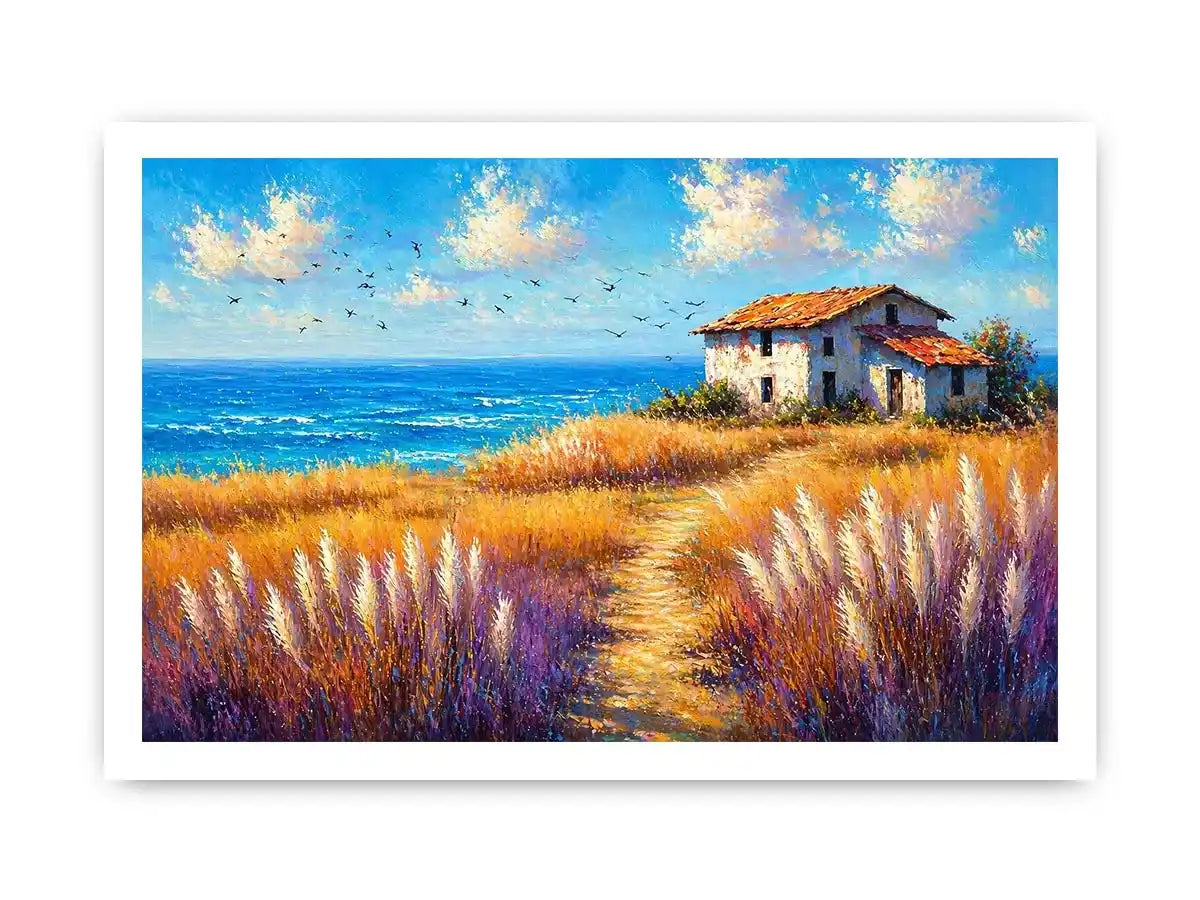 coastal cottage landscape painting ocean field vibrant Canvas Print canvas modern impressionist