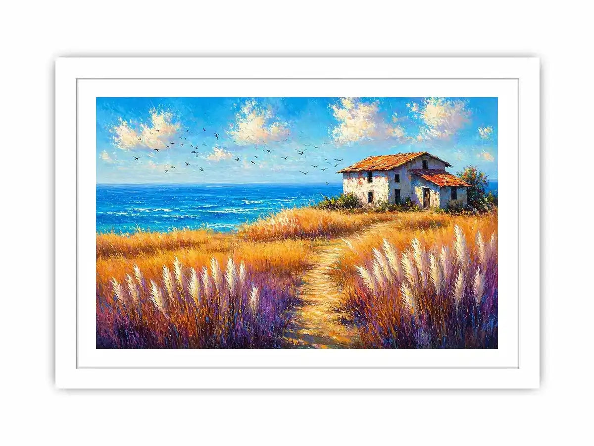 coastal cottage landscape painting ocean field vibrant Canvas Print canvas modern impressionist