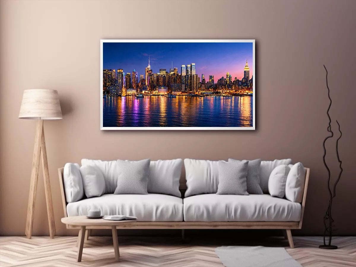 modern city skyline night reflection Canvas Print colorful urban canvas