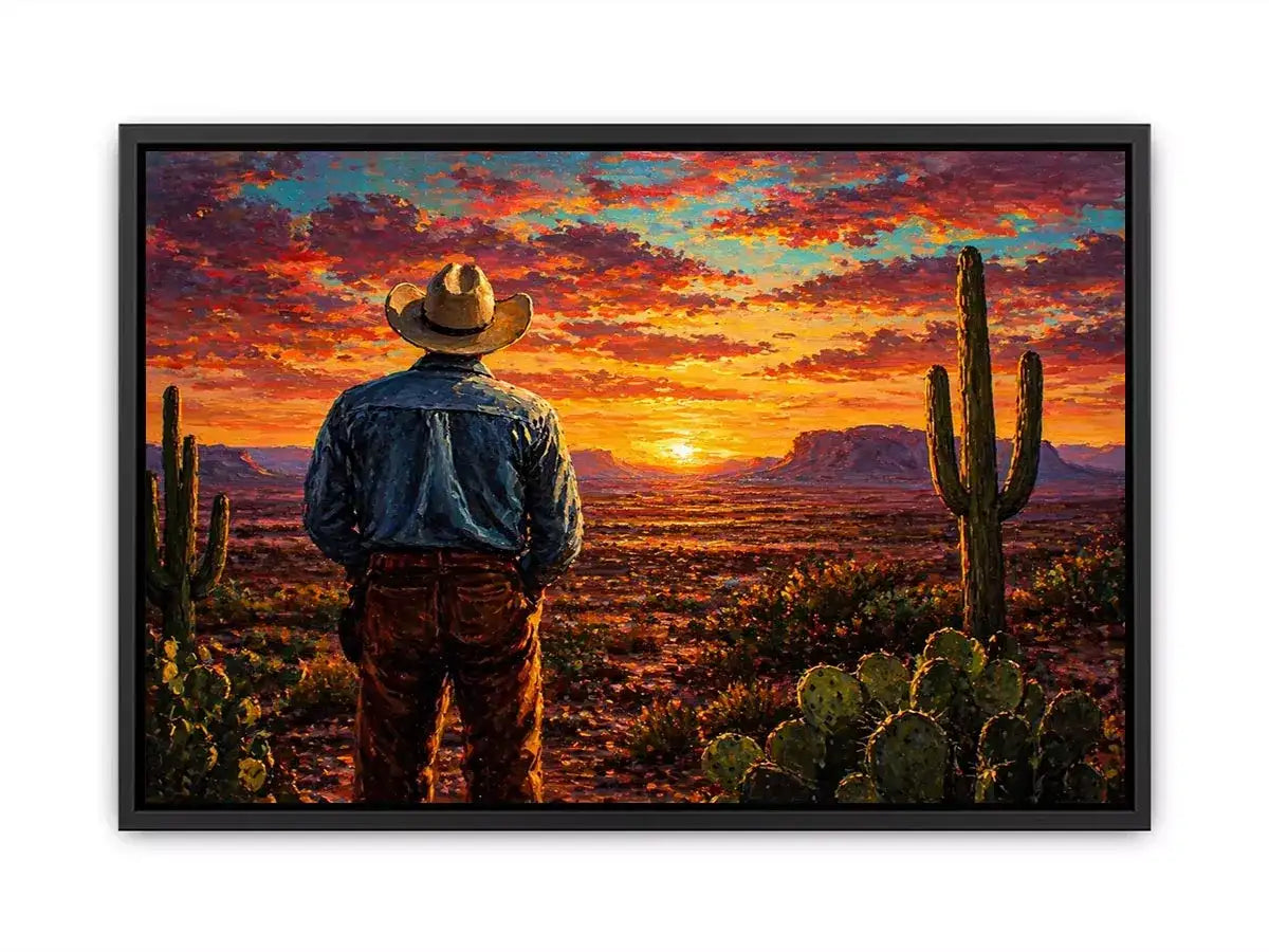 western cowboy sunset desert cactus Canvas Print canvas