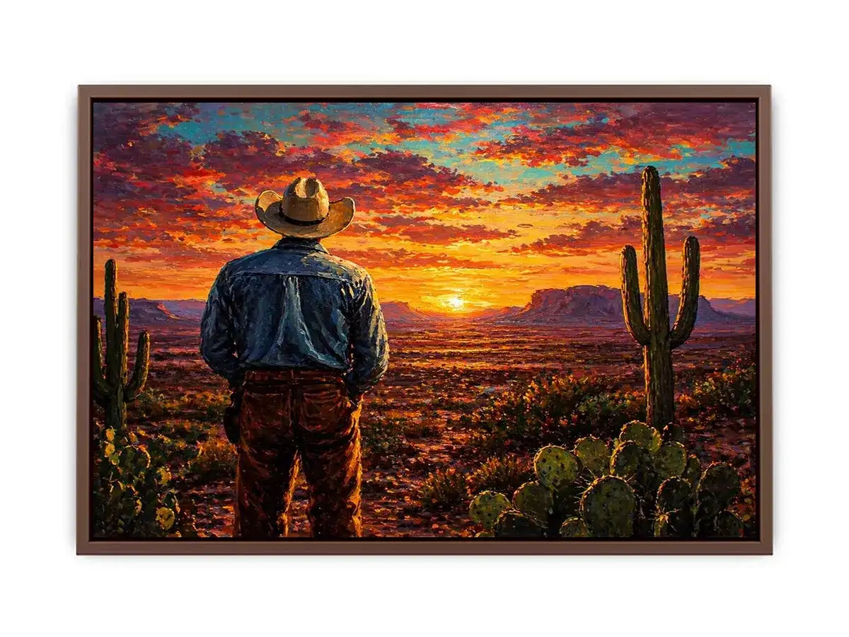 western cowboy sunset desert cactus wall art canvas