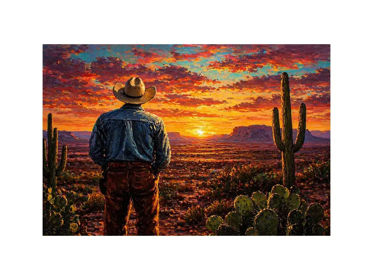 western cowboy sunset desert cactus Canvas Print canvas