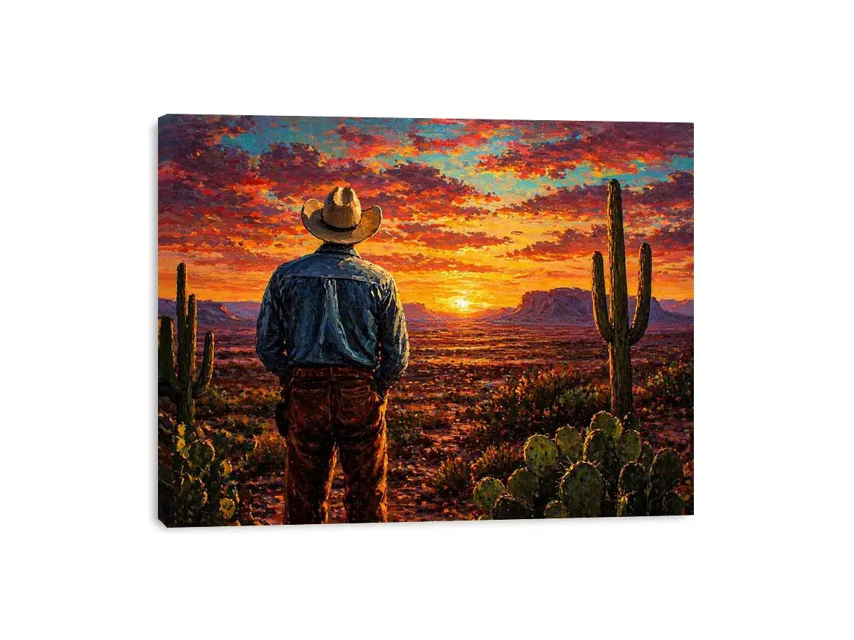 western cowboy sunset desert cactus Canvas Print canvas