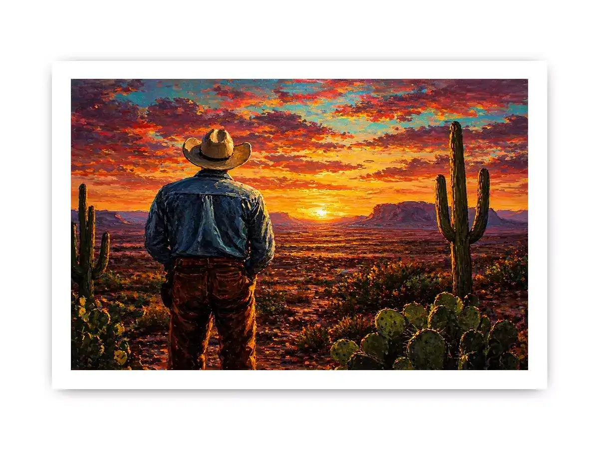 western cowboy sunset desert cactus wall art canvas