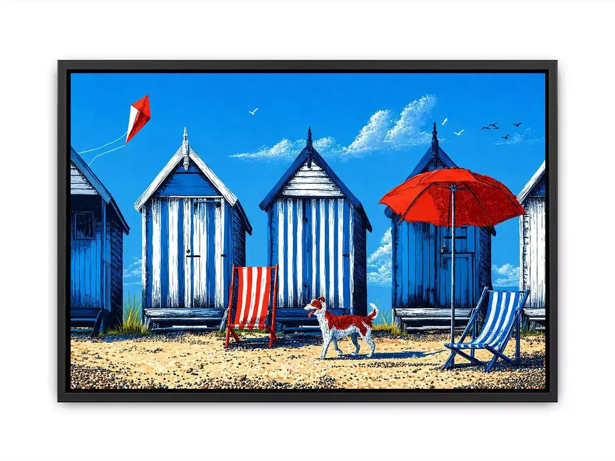 coastal beach huts illustration blue cabins seaside Canvas Print canvas