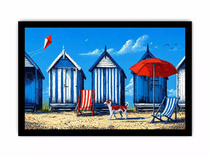 coastal beach huts illustration blue cabins seaside Canvas Print canvas