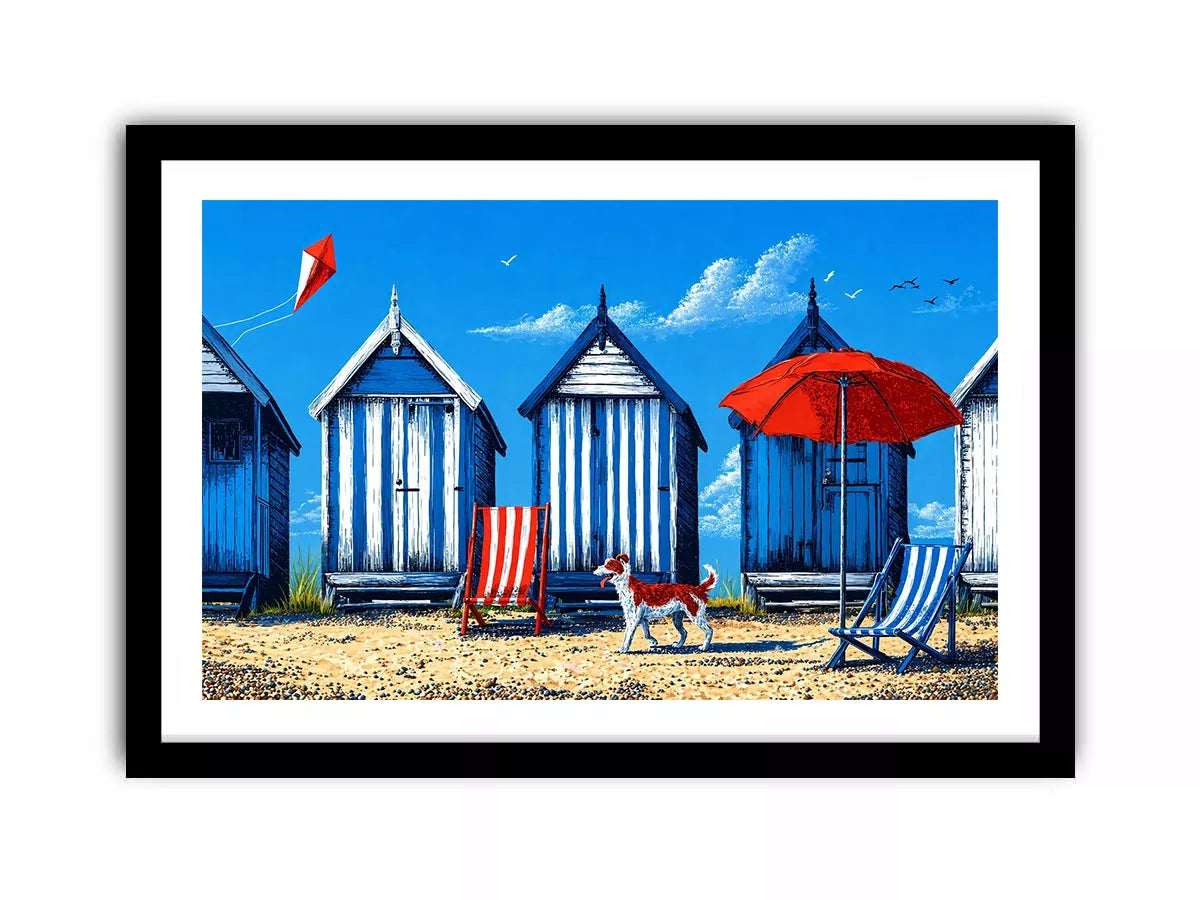 coastal beach huts illustration blue cabins seaside Canvas Print canvas