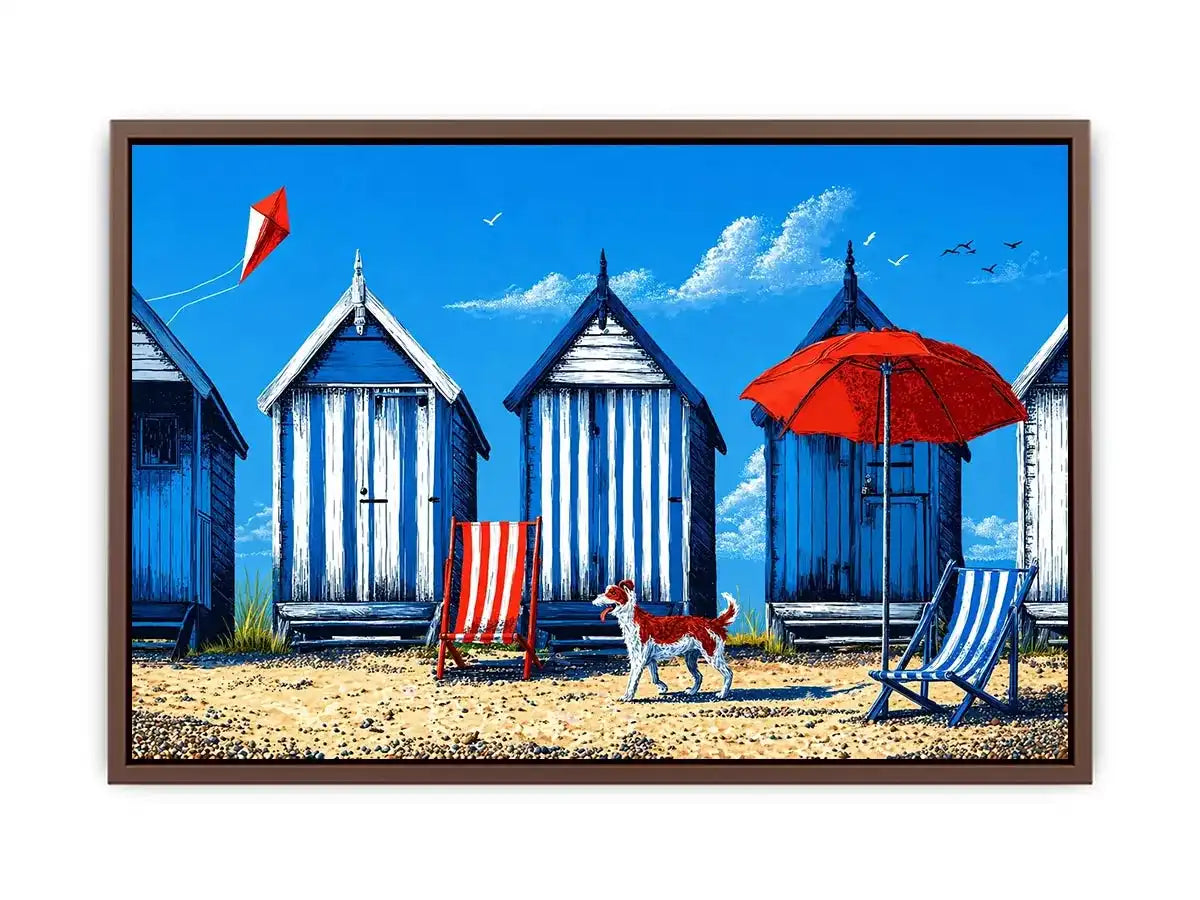coastal beach huts illustration blue cabins seaside Canvas Print canvas
