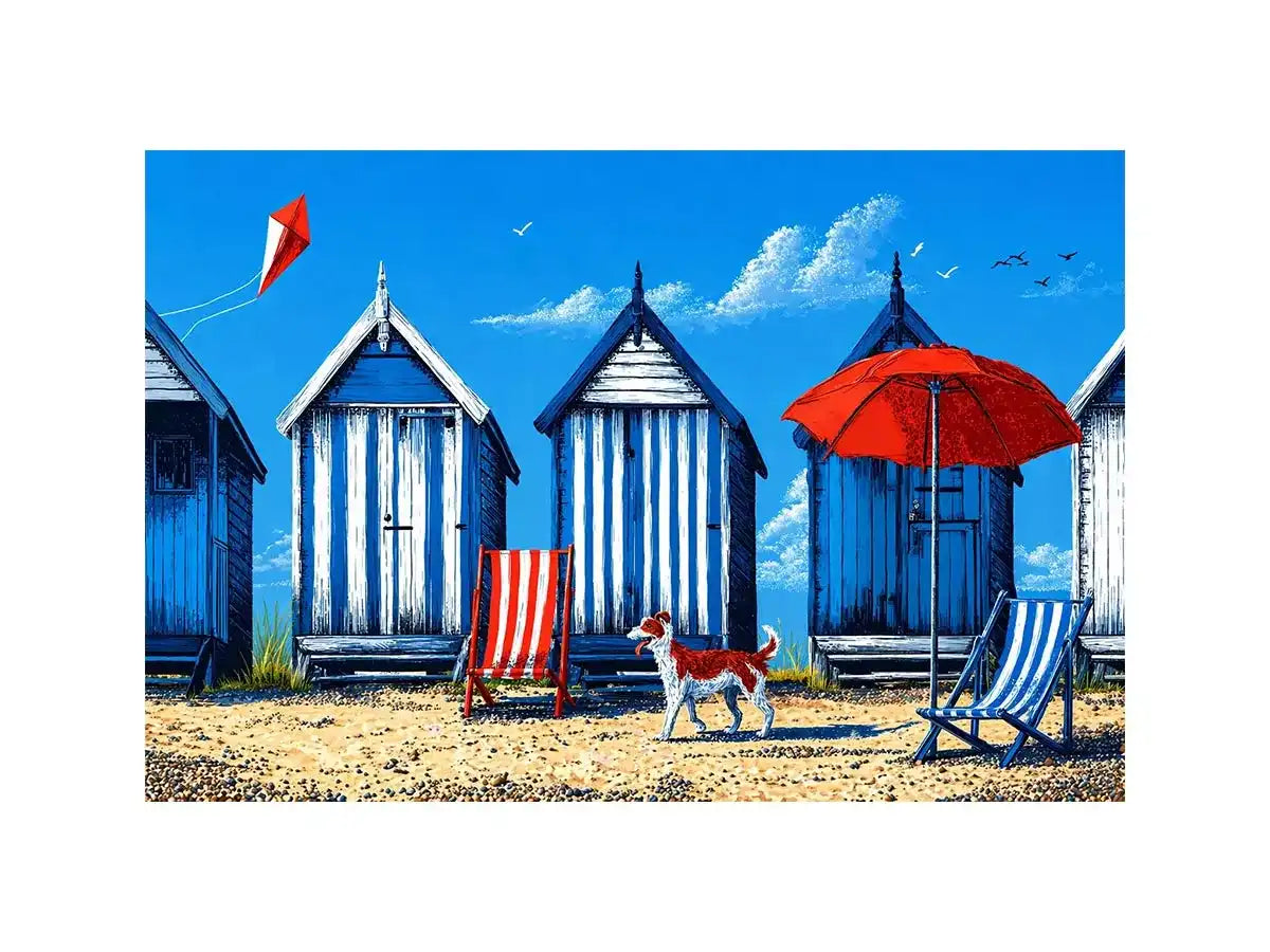 coastal beach huts illustration blue cabins seaside wall art canvas