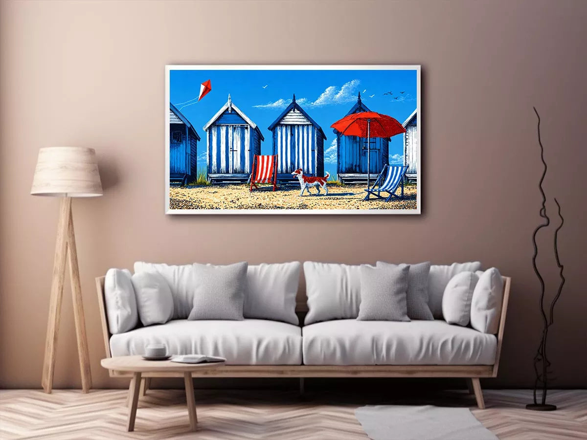 coastal beach huts illustration blue cabins seaside Canvas Print canvas
