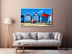 coastal beach huts illustration blue cabins seaside Canvas Print canvas